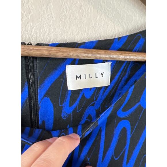 Milly Mini Dress Small Retro Blue Boat‎ Neck 80s Layered Classy Bold Print - Picture 7 of 11